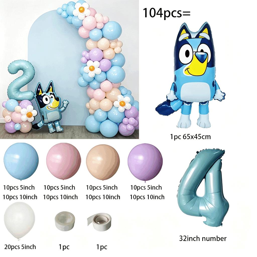 Bluey Pastel 2nd Birthday Balloon Arch Set Number 2 Foil Balloon Blue Dog Flower Garland Kids Party Decor Photo Backdrop Kit Set
