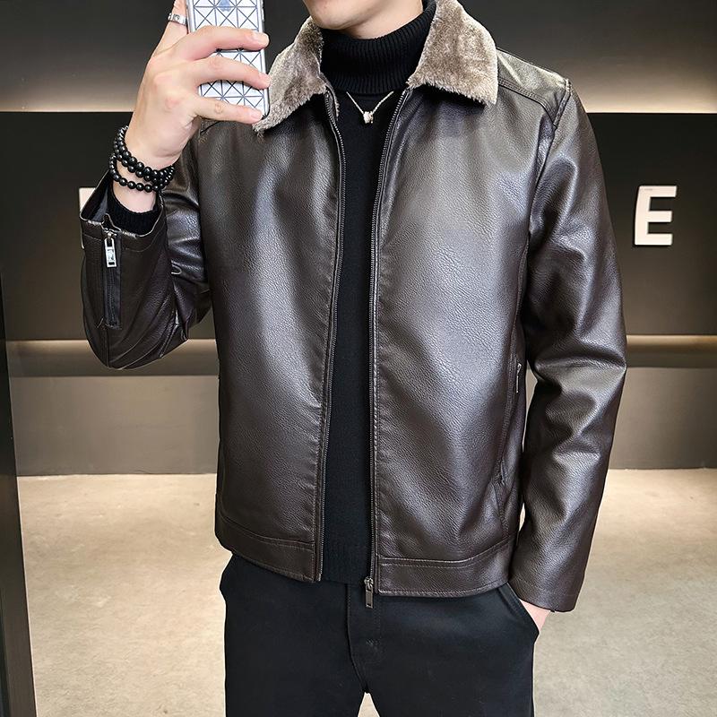 Plush Leather Jacket, Men's Pu Leather Jacket, Autumn and Winter Korean Edition, Lapel Business Jacket