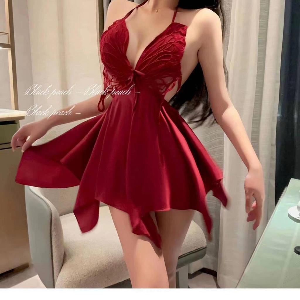 Butterfly Halterneck Ice Silk Lingerie Set with Sleeveless Nightgown and Sexy Back Detail.