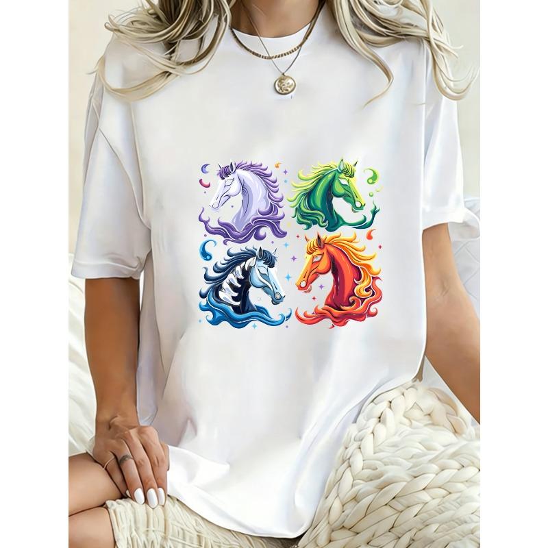 Übergroßes T-Shirt Schwarz Vier Bunte Einhorn-Drucke Für Freizeitkleidung