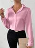 Women's Satin Long Sleeve Shirt Faux Silk Button Down Blouse Collared Office Workwear Top
