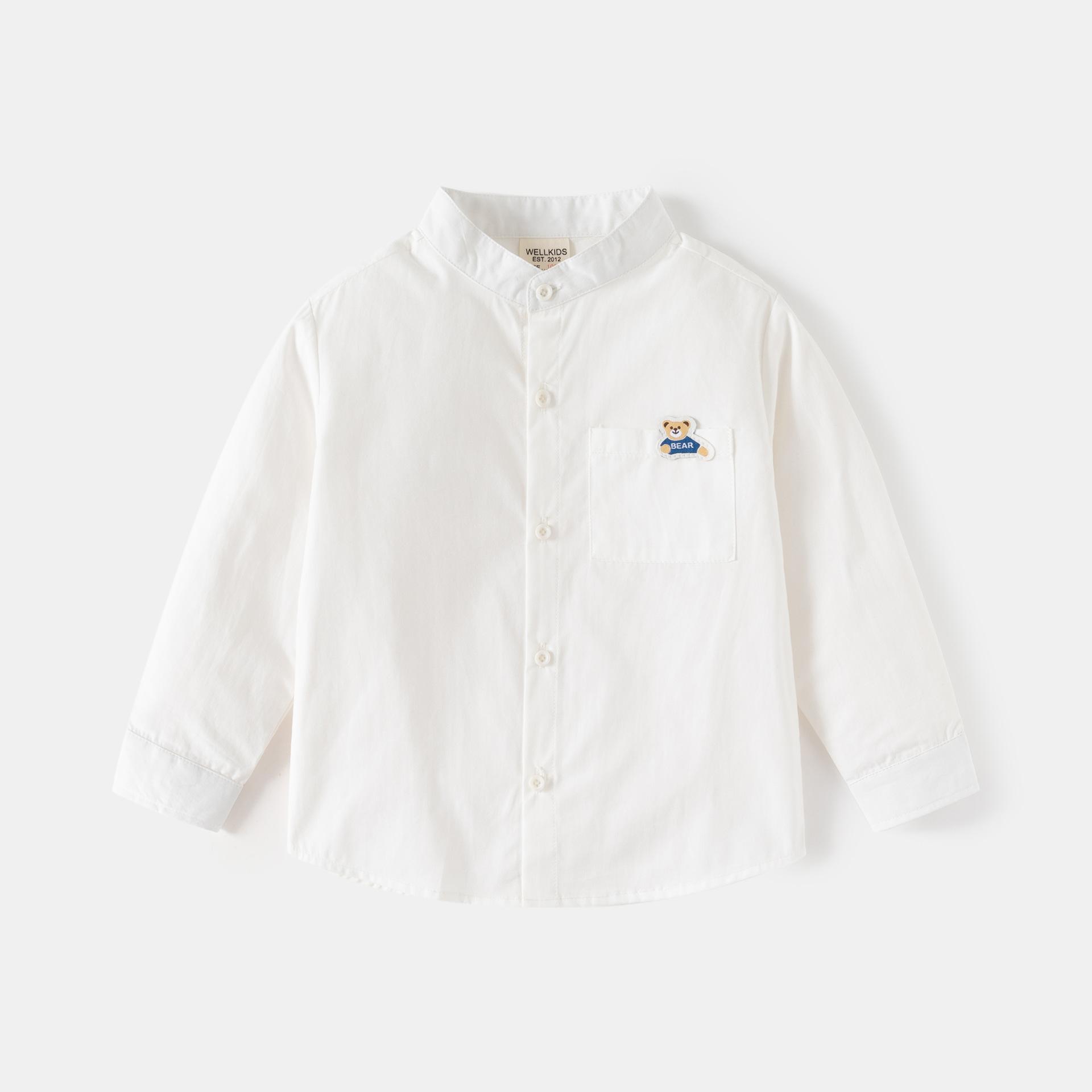 

2025 весенняя детская одежда для мальчиков, новая хлопковая рубашка с воротником-стойкой, белая рубашка с длинными рукавами, топ 130cm