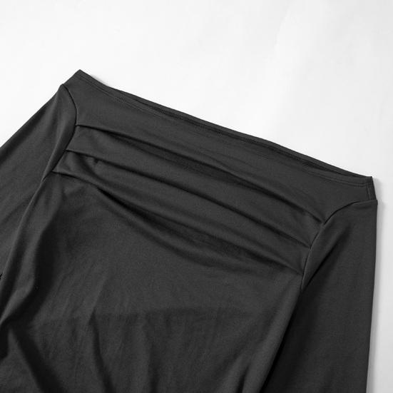 Damen-Clubkleid, elastisch, dünn, schmal geschnitten, schulterfrei, plissiert, einfarbig, langärmelig, Etuikleid, Party, über dem Knie, Länge, Minikleid