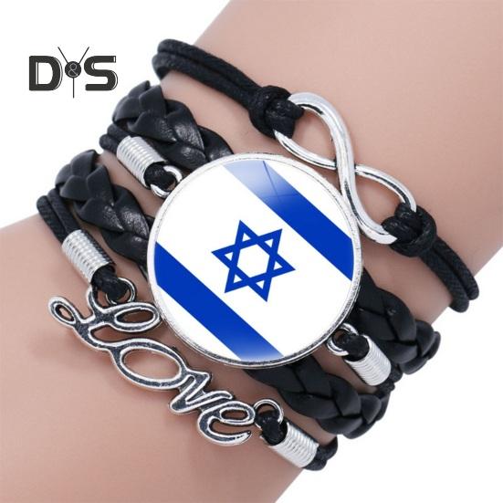 Round Israel Flag Decor Bracelet Multi Layer Adjustable Handmade Bracelet Metal Letter Decor Faux Leather Wristband Jewelry Gift