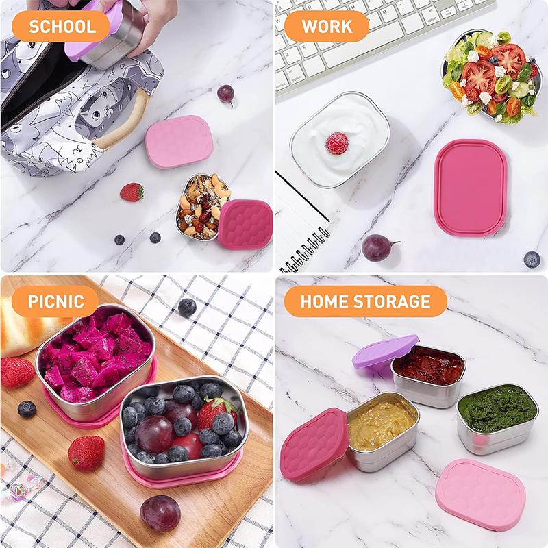 3pcs Stainless Steel Snack Box 8oz Rectangular Food Container with Leak-Proof Lid Multipurpose Small Container for Fruits Salad