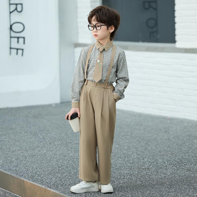 Elegant Boys Formal Suspender Outfit, Teen Kids Plaid Shirt Tie Pants Set, Children School Uniform/Wedding Guest Wear 3-14 Years