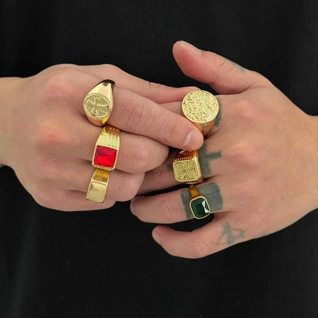 Ingemark 6Pcs/Set Retro Gold Color Signet Chunky Rings Men HipHop Punk Red Green Acrylic Rhinestone Finger Ring Party Jewelry