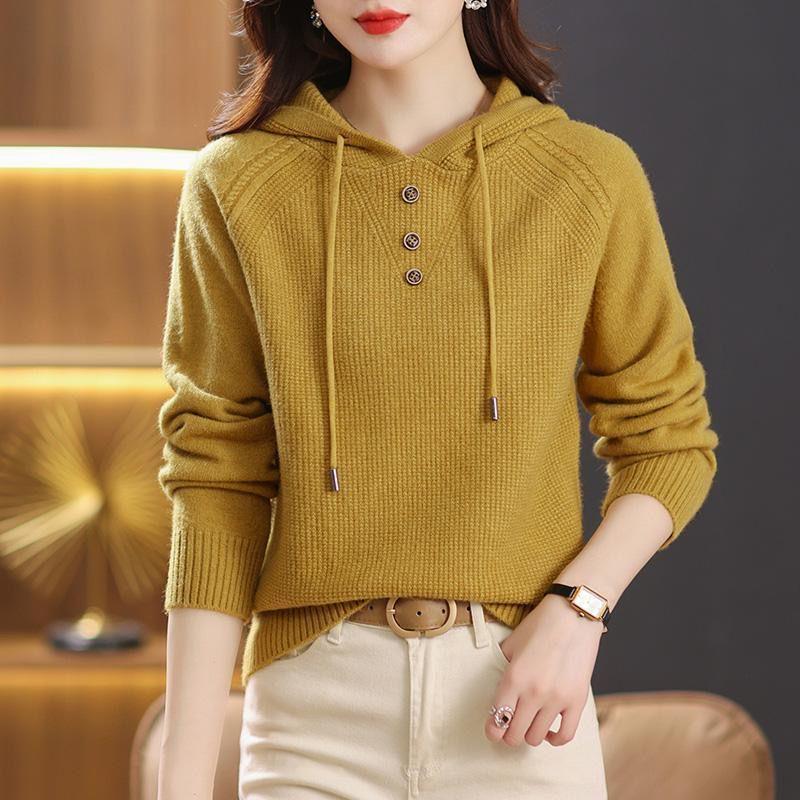 2025 Spring/Autumn Stylish Hooded Knitwear Sweatshirt - Loose, Plus Size Women's Top