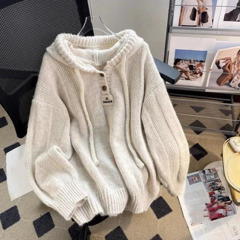 

Женский осенне-зимний свободный утолщенный свитер с капюшоном, однотонный трикотажный свитшот на шнурке 2XL абрикосовый