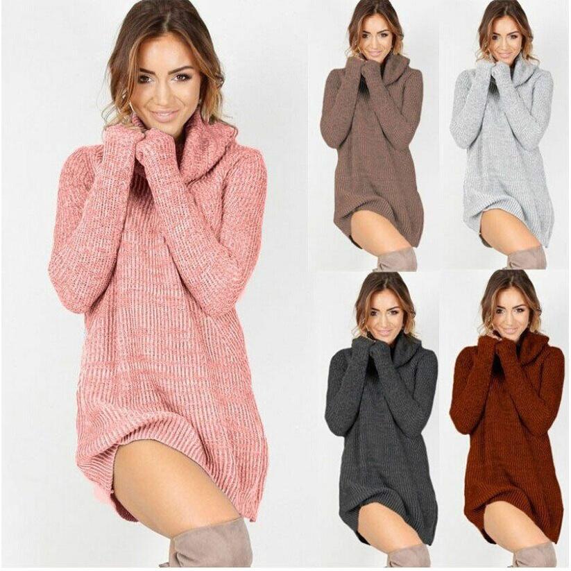 Elegant Women's Warm Knitted Jumper Mini Dress With High Neck Chunky Sweater Top