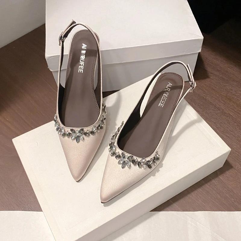 Crystal Women Mid Heels Sandals Wedges Pointed Toe Elegant Summer Woman Shoes 2025 Pumps Sandalias De Mujer