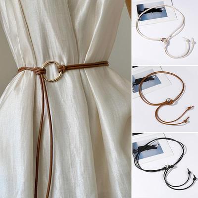 Women Metal Round Ring Leather Rope Knotted Belt Solid Color Long Thin Skinny PU Waistband Female Dress Skirt Decorative Straps