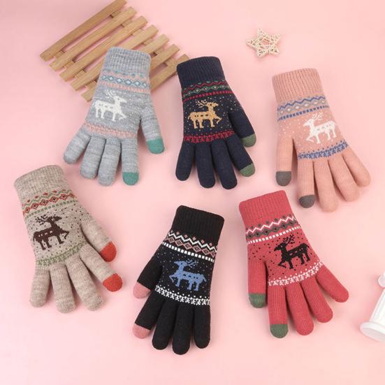 1 Pair Knitted Reindeer Full Finger Gloves Men Women Touch Screen Winter Warm Thick Fleece Gloves Outdoor Cycling Cold Weather Thermal Gloves