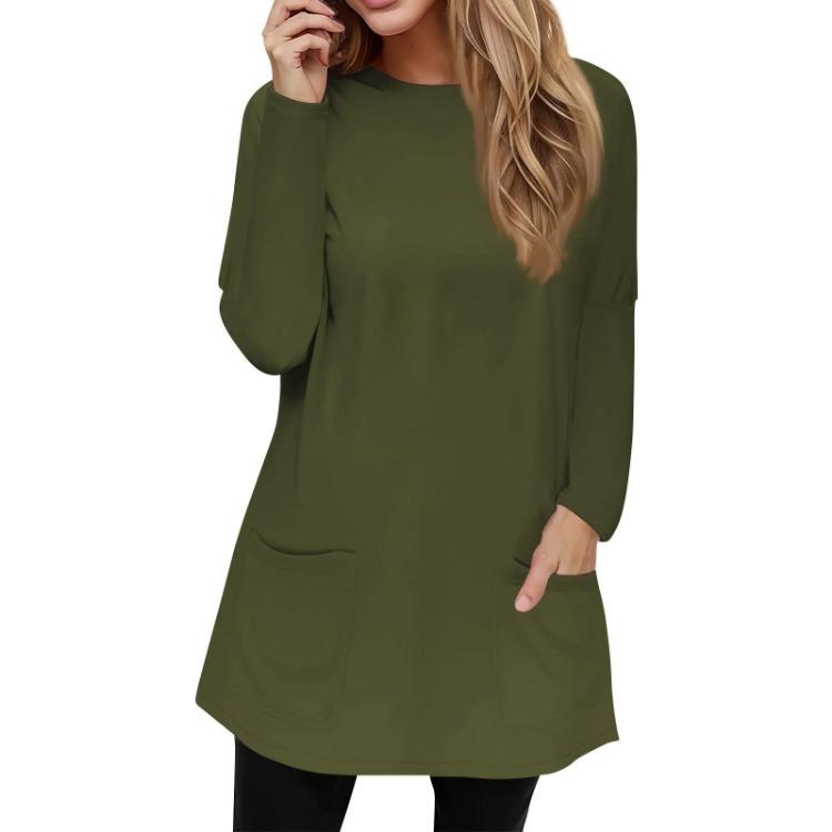 Loose Long Sleeve Crewneck Pocket Top Women Casual Solid Color Fashion