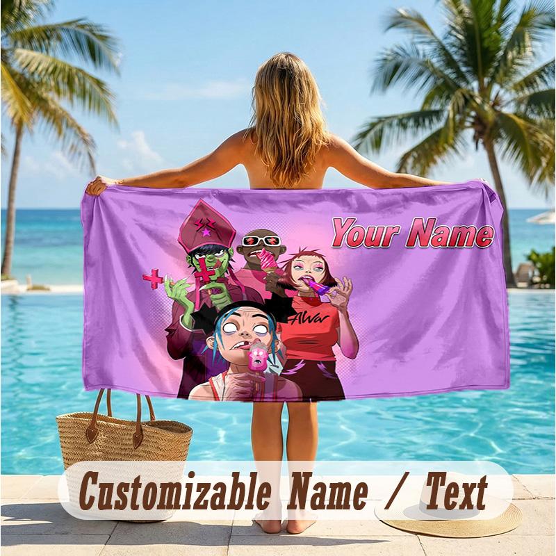 Custom Text Beach Towel, Soft Absorbent Swimming Multi-use TowelGorillaz