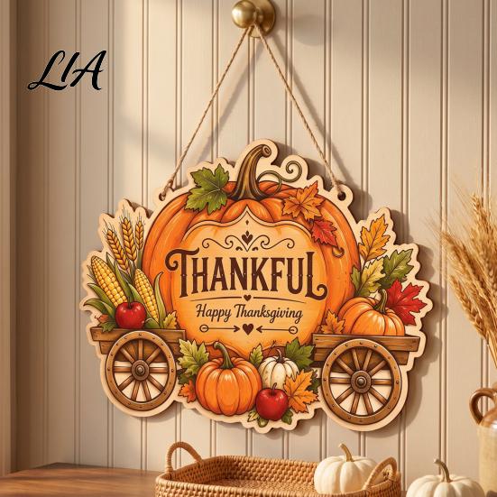 Wooden Craft for Thanksgiving Front Door Hanging Sign, Pumpkin Turkey Pattern Hanger, Autumn Harvest Theme Home Decoration Wall Ornament Farmhouse