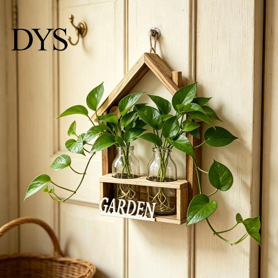 Hanging Glass Vase Wooden Wall Propagation Planter, Mounted Planter with Clear Tubes for Hydroponic Plant Holder Plants, Display Shelf Living