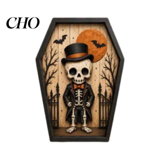 Scary Fireplace Mantel Decorations Halloween Coffin-Shape Wooden Sign Decor, Pumpkin Skeleton Ghost Owl Retro Punk Style Interior Decor Patterns,