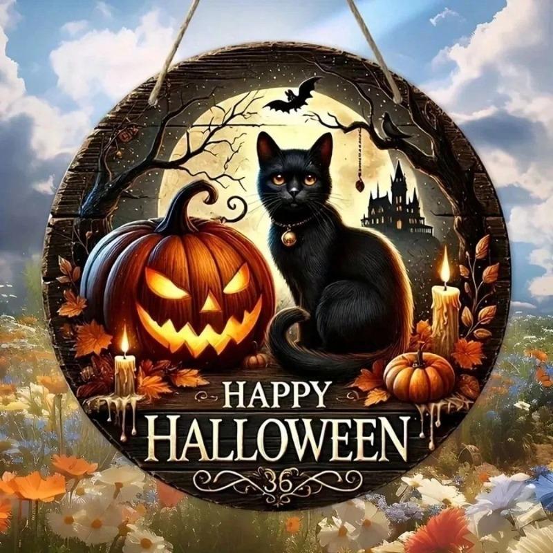 Hexenbesen Halloween Schild, Runde Aluminium Wandplakette 20x20cm