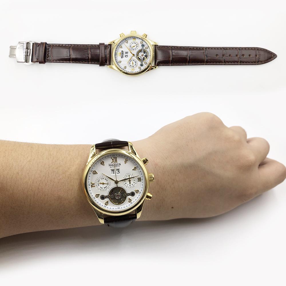 HAIQIN Pánské hodinky pro volný čas Kožené mechanické hodinky Pánské automatické hodinky Tourbillon