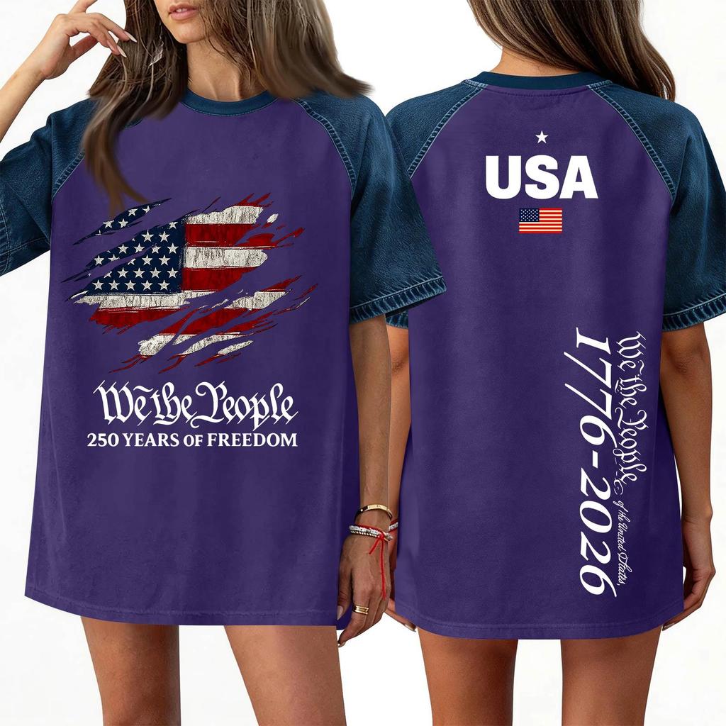 Women's Denim Patchwork Top, Casual Short-sleeved Comfortable T-shirt, Fashionable For Spring And Summer.