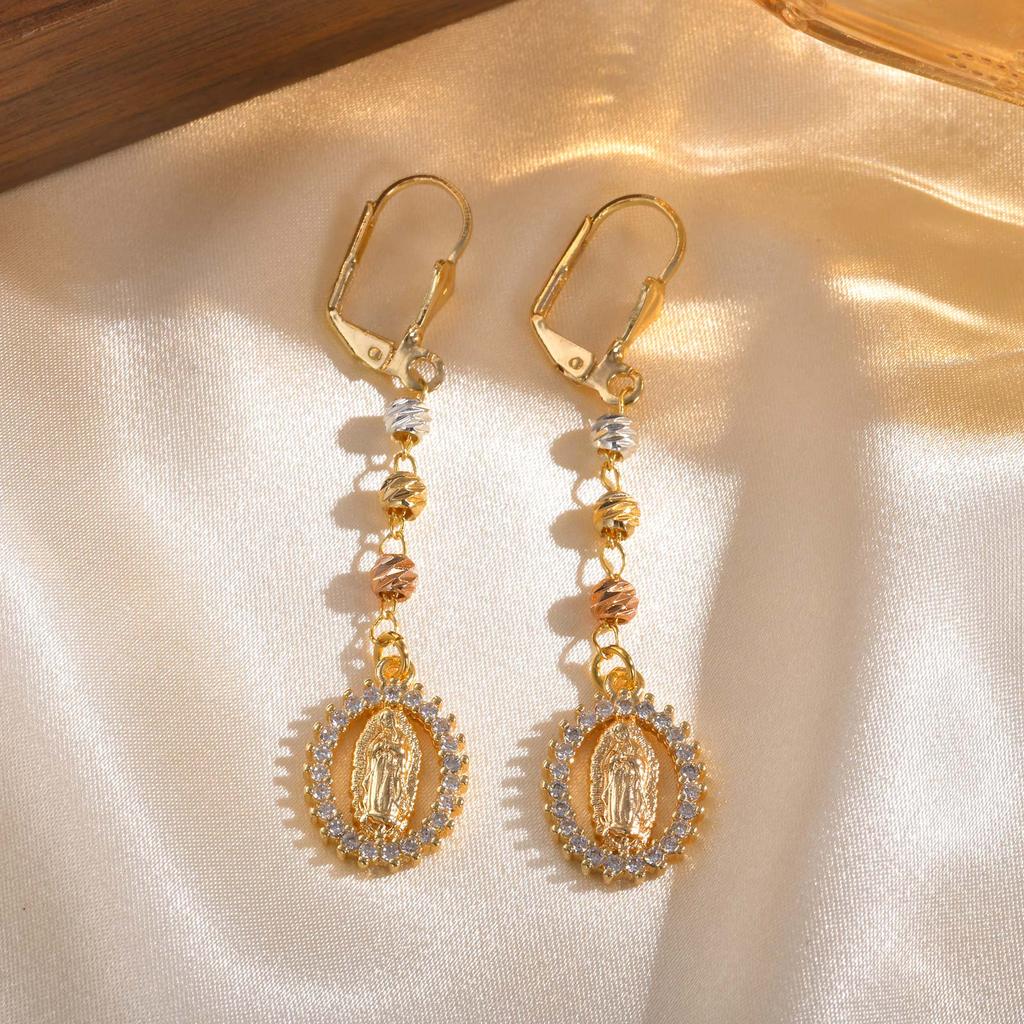 Vintage Religious Virgin Mary Drop Earrings for Women, 14k Gold Plated Zircon Long Dangle Earrings,Hypoallergenic Prayer Jewelry
