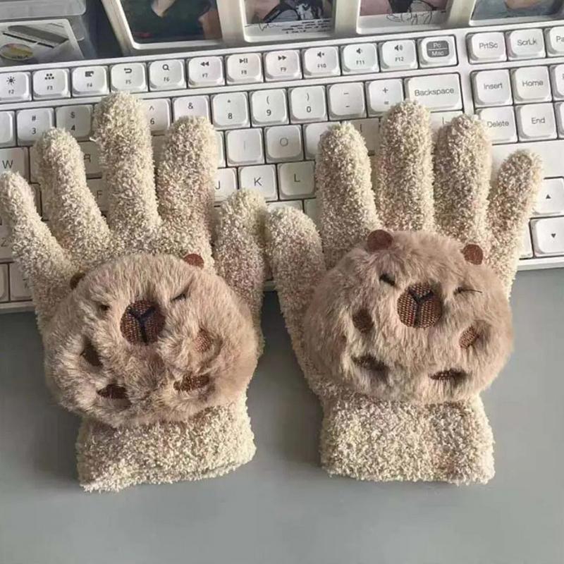 

Мягкие плюшевые наушники Capybara с полным пальцем, утолщенные зимние перчатки с рисунком, ветрозащитные утеплители для ушей, складные уличные чехлы Gloves