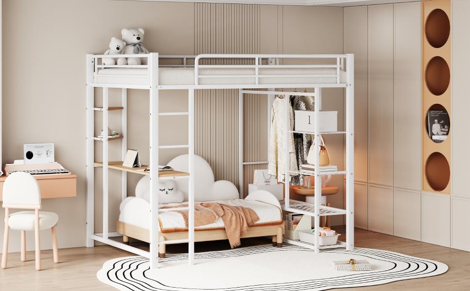 Cama Loft de Metal con Escalera 140*200 cm, Cama Junior Cama Doble con Mesa con Percheros Simples con Compartimentos de Almacenamiento, Blanca