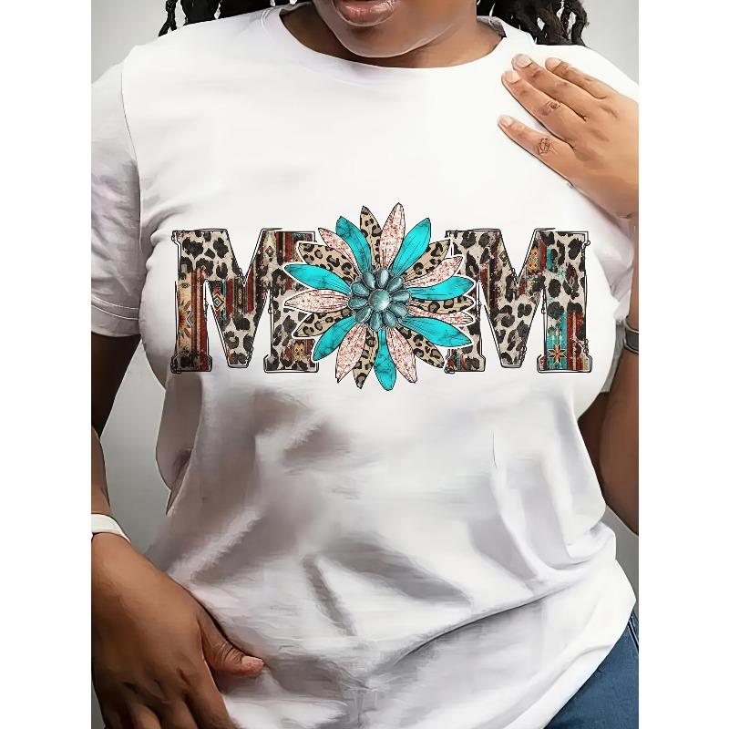 

European Size Women s White Turquoise Denim-Inspired Floral & Leopard Print MOM Graphic T-Shirt - Soft Breathable Short Sleeve Round Neck Casual Top 4XL білий