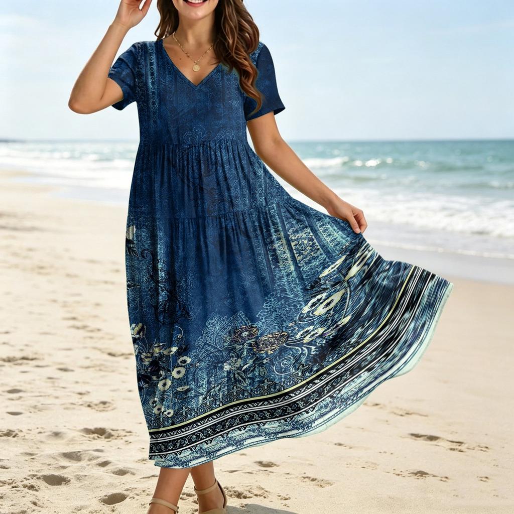 Women Casual Loose Bohemian Floral Dress Short Sleeve Long Maxi Summer Beach Swing Dress