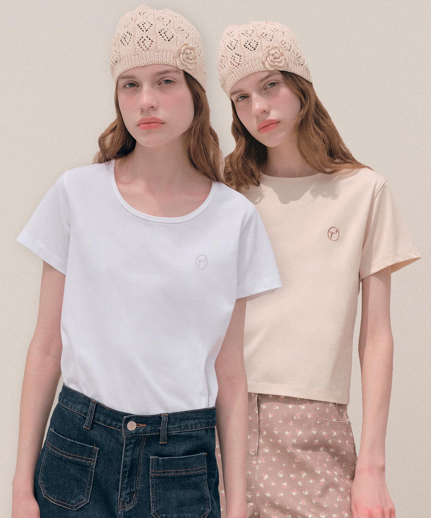 Lora Lora [Set] U-Neck + Round-Neck Silket T-Shirt Set Black+White/S