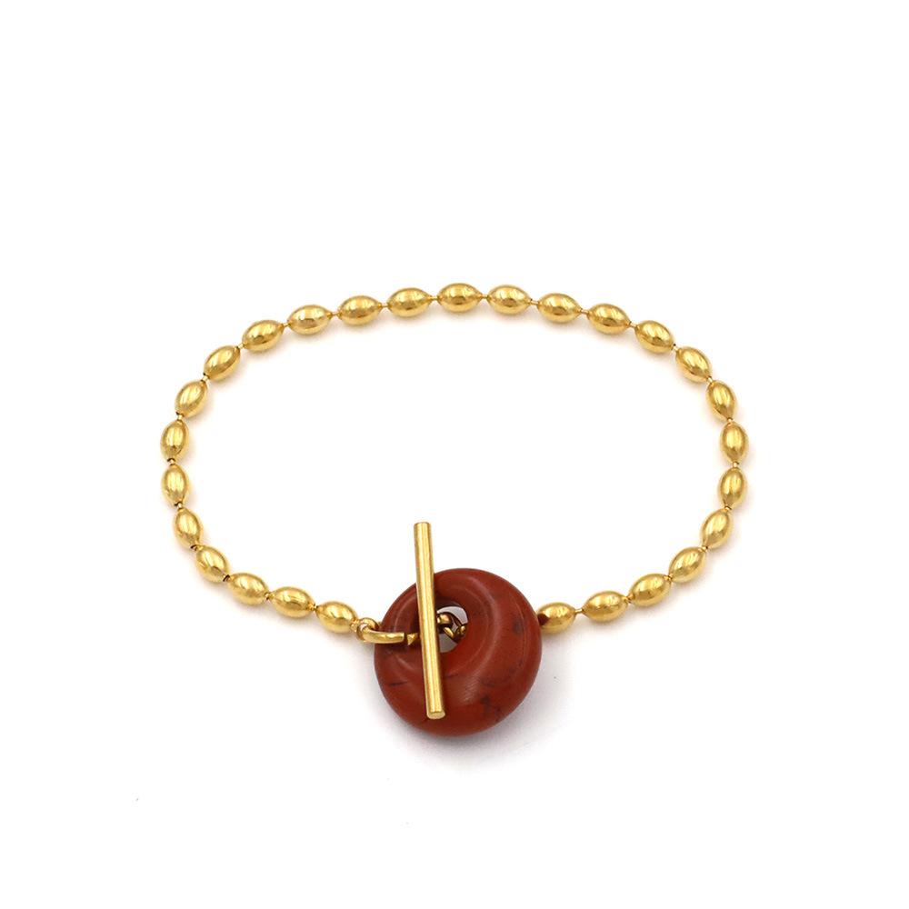 

18K Gold Stainless Steel Rice Bead Chain Jewelry French Retro Natural Round Crystal Greenstone Ot Buckle Bracelet