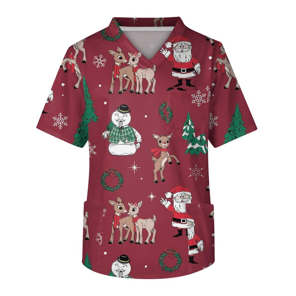 Men's Short Sleeve V-Neck Christmas Print Chest Pocket Care Top