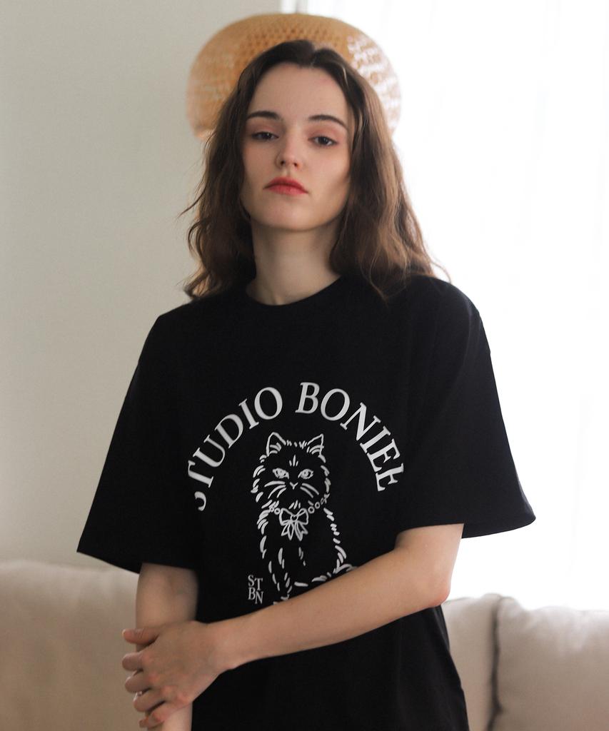 BONIEE New Cat Symbol Cat Graphic Loose Oversized T-Shirt Black