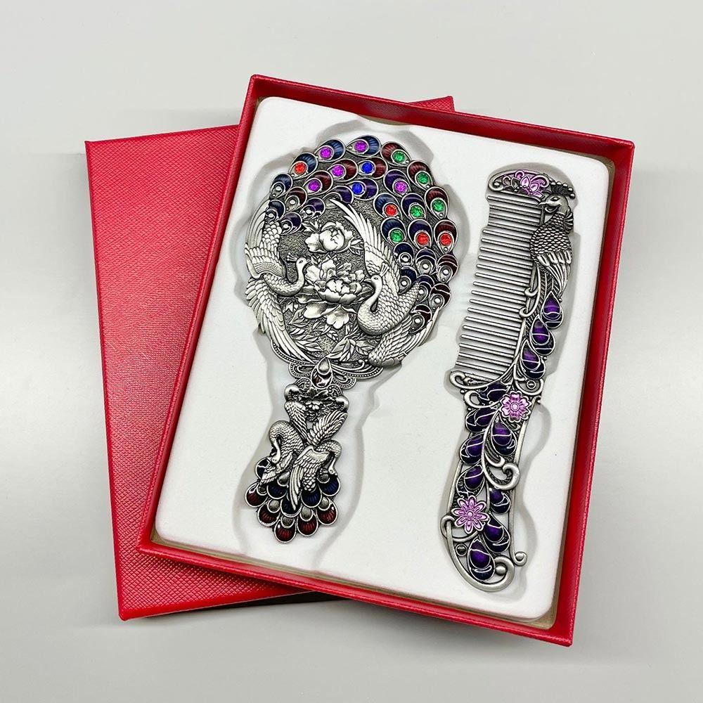 Peacock Open Screen Retro Small Mirror with Metal Handle Handheld Cosmetic Comb