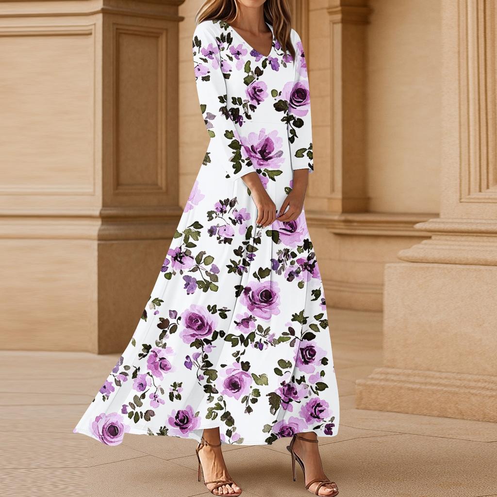 Women's Casual 3/4 Sleeve V-Neck Floral Print Maxi A-Line Beach Dress