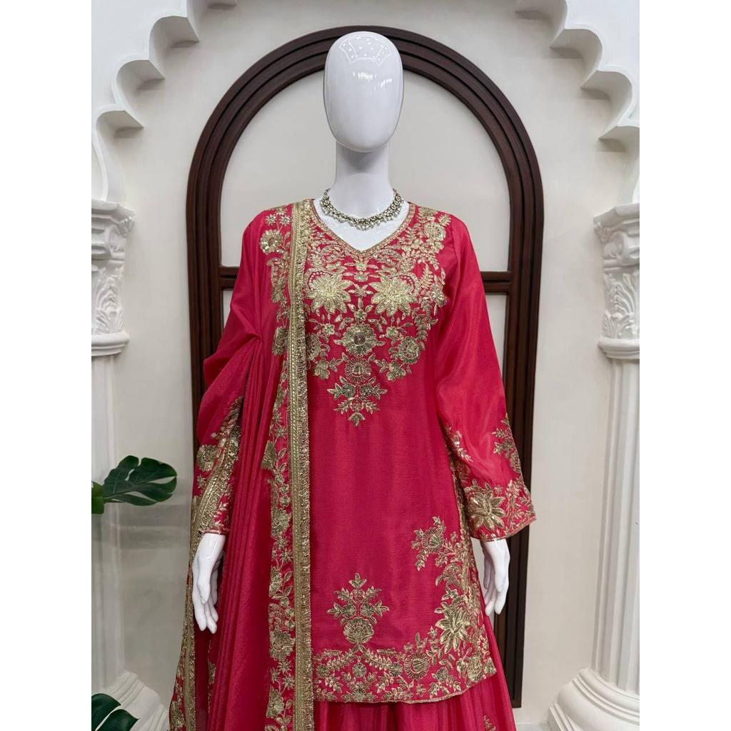Presenting New Designer Embroidered Chinon Silk Sharara Suit With Sequence Embroidered Work