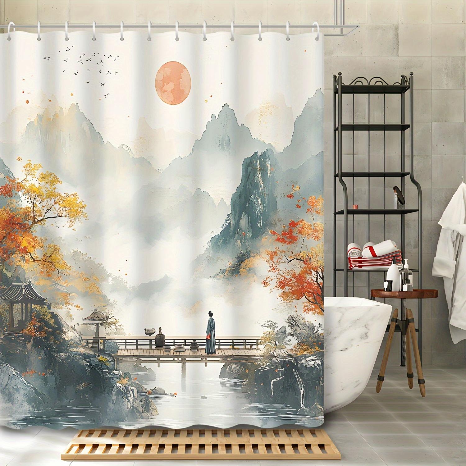 

1pc Chinese-style landscape shower curtain with red sun and birds, bathroom decor, includes hooks, home accessory 90x180cm35x71in