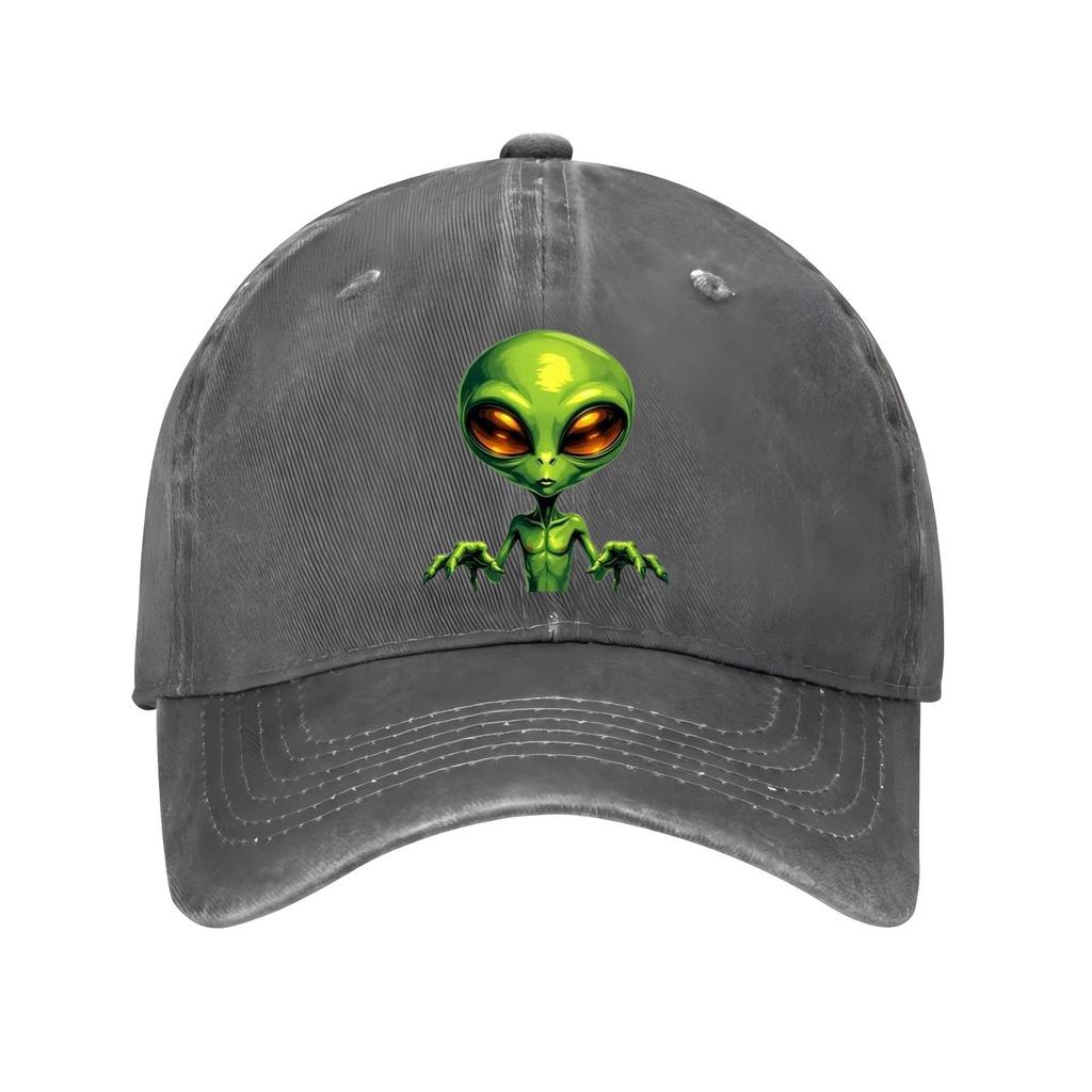 Green Alien Head Print Baseball Cap Unisex Cotton Adjustable Casual Outer Space Theme Hat