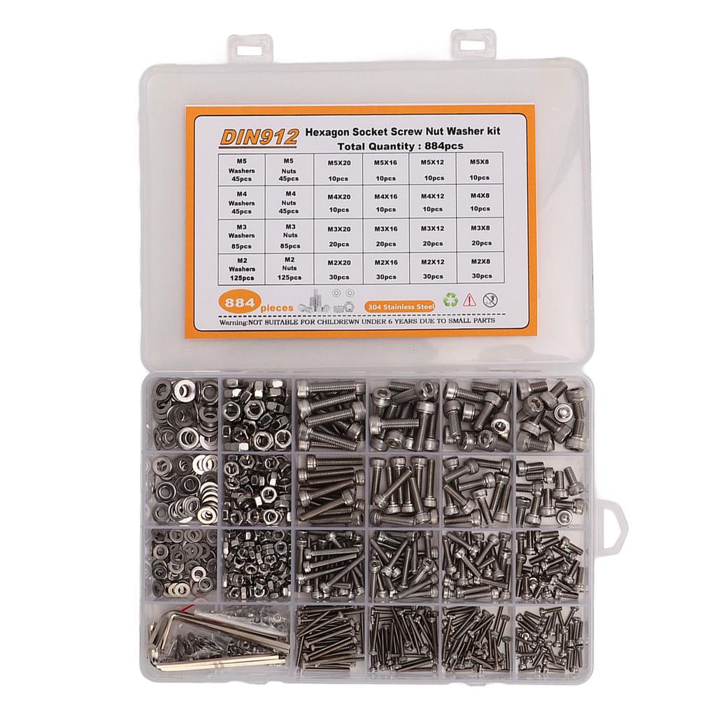 884 Stück Schrauben Muttern Unterlegscheiben Sortiment M2 M3 M4 M5 Rundkopf Innensechskant 304 Edelstahl Befestigungselemente