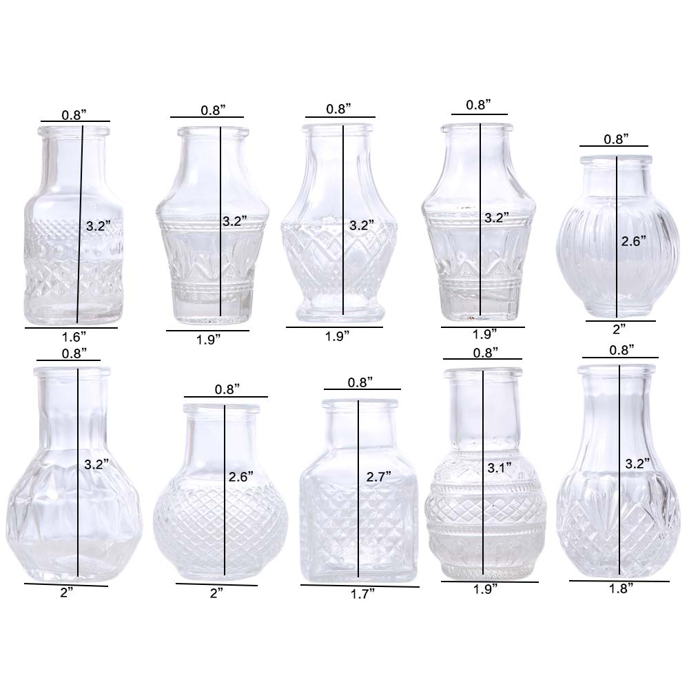 10PCS/SET Crystal Clear Small Vase Set Retro Relief Transparent Vase Wedding Centerpiece