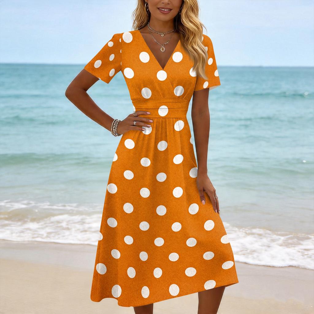 Robe midi à pois pour femme, col en V, manches courtes, pour le printemps, robes pour femme, robes d'été pour femme, robes longues pour femme, robes d'été pour femme
