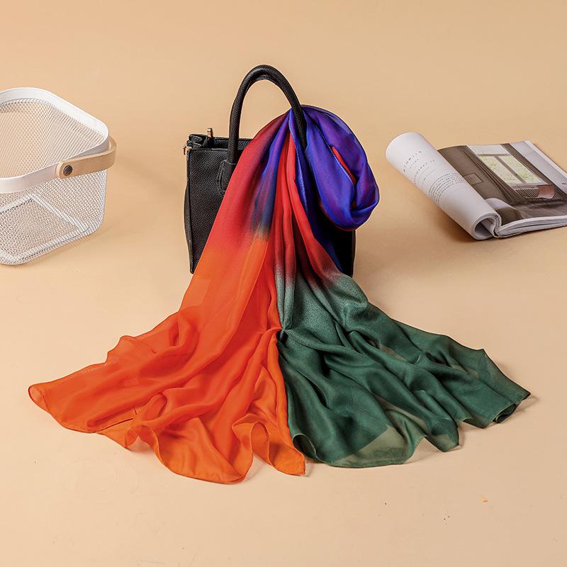 Larger Scarf for Women Spring New Multi-color Gradient Color Block Georgette Soft Hand Scarf Printed Thin Silk Scarf