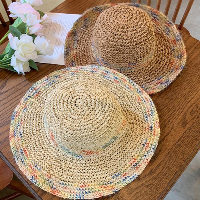 Summer Colorful Woven Straw Hat For Seaside Vacation Breathable Hollow Out Large Brim Uv Resistant Sun Hat