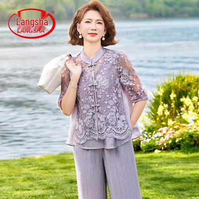 LangSha Sommer-Blusen- und T-Shirt-Set im chinesischen Stil für Frauen mittleren Alters