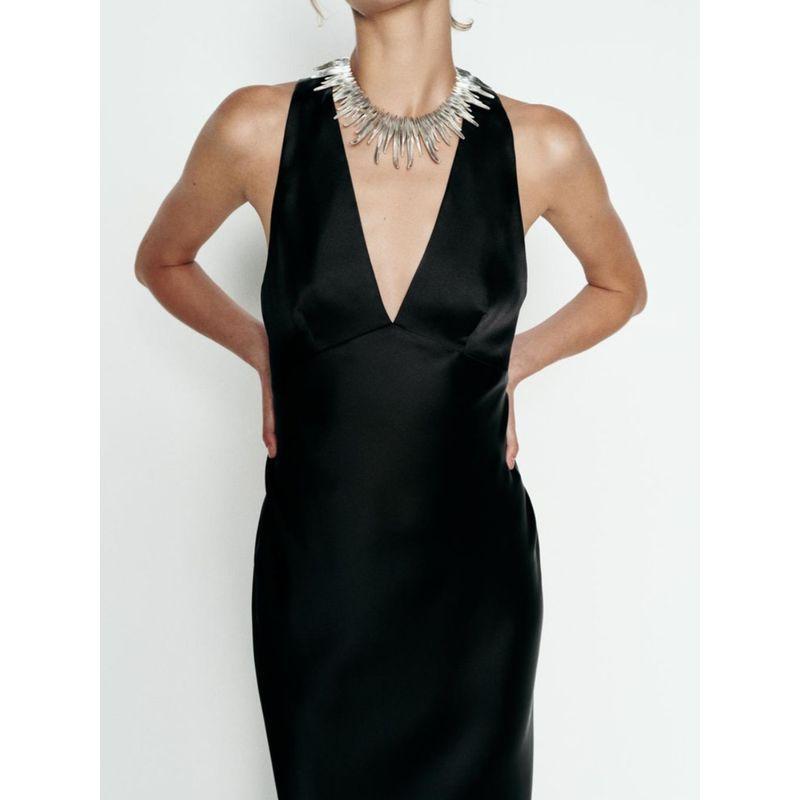 Za2024 Summer New Product Women's Clothes Open Back Sling Silk Satin Texture Sleeveless Long Dress 8226748 800