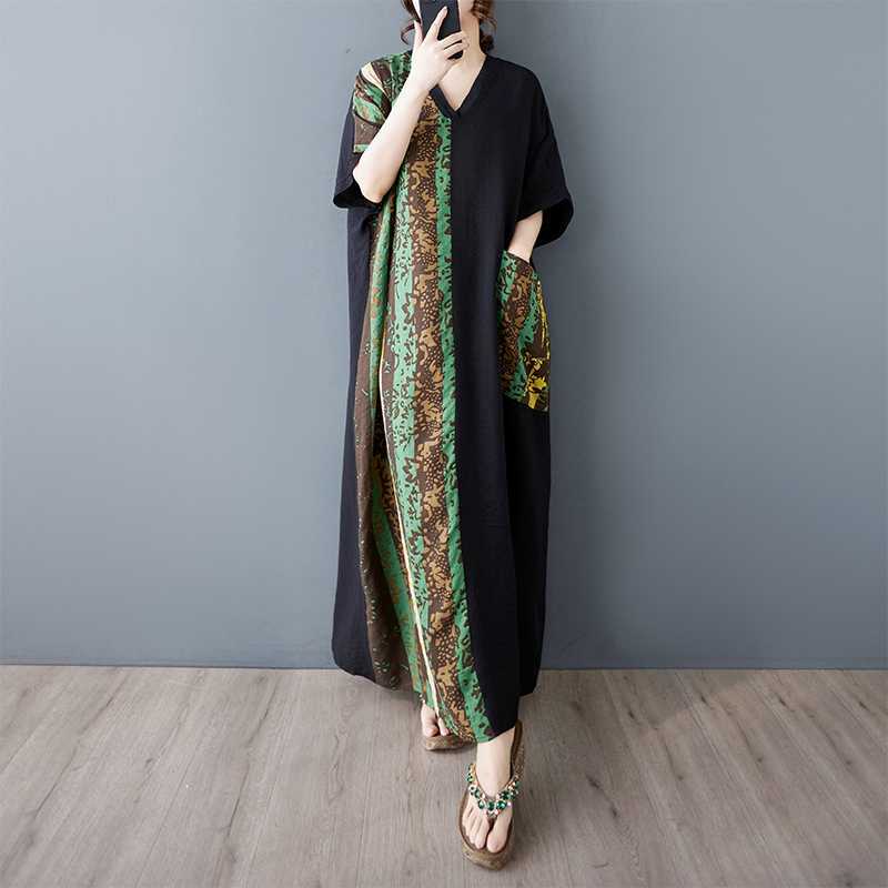 Summer Thin Cotton Linen V-neck Short Sleeved Long Dress for Women