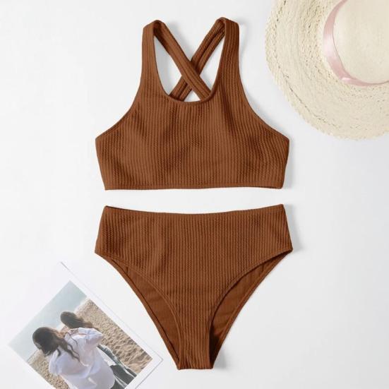 2Pcs/Set Women Bikini Set U-Neck Sleeveless Removable Padding Bra High Waist Swimming Trunks Set Ribbed