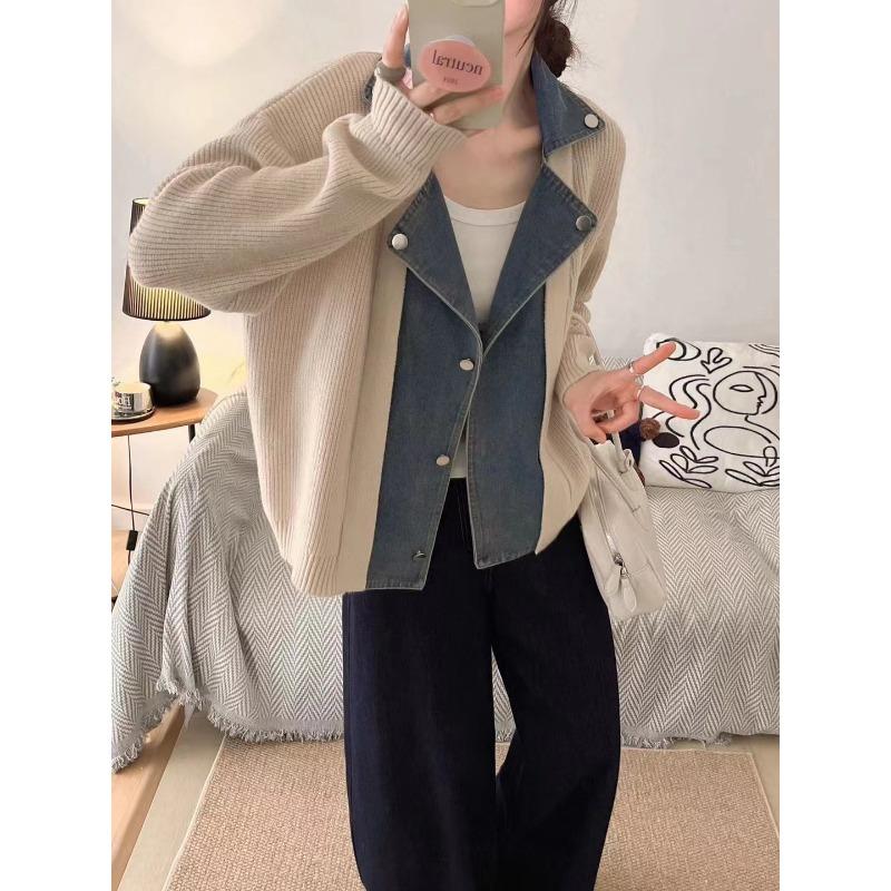 Denim Splicing Design Sense Knitted Cardigan Autumn and Winter New Loose Sweater Jacket Women