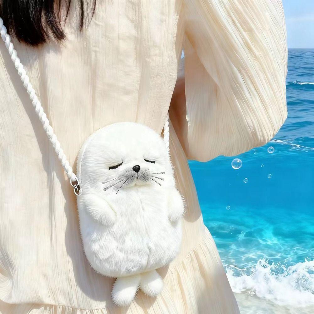 Thickened Cute Seal Shoulder Pouch Soft Adorable Cartoon Seal Handbag Lightweight PP Cotton Crossbody Bag Gifts